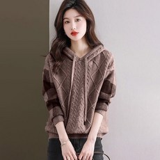 ORZQU 여성용 캐주얼 도톰한 보온 니트 후드티 긴소매 아가일 패턴 스웨터