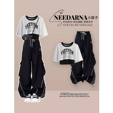 又a又颯一整套夏季穿搭爵士舞服裝kpop街舞套裝現代舞團體演出服, 白色上衣+黑吊帶+黑色工裝褲【三件套4,XL【建議55.5-60.0kg】