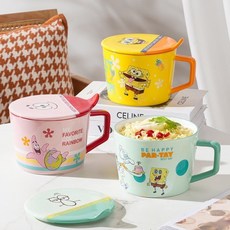 海綿寶寶陶瓷帶蓋泡麵杯碗餐具套裝 情侶款家用生日禮品, 派大星—【紅色】泡麵碗,1000毫升, 1個