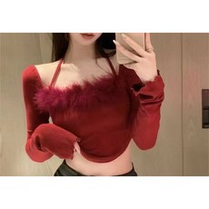 해피유통 여성 털 패션 일자넥 디자인 니트 탑 jhlyt