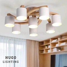 HUGO LIGHTING 實木螺旋吸頂燈 八燈 71cm, 白玉直筒玻璃款燈罩