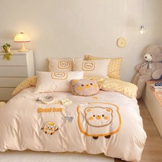 A類100純棉水洗棉四件套全棉兒童牀品學生宿舍被套牀單三件套牀品, 1個, 麪包熊【A類全棉】:43*40cm抱枕