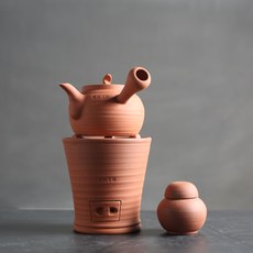 黃樹藩手拉紅泥茶爐小火爐炭爐酒精兩用爐玉書煨燒水壺潮州功夫茶具四寶-直款爐惻把手砂銚, 1個, 爐+銚套組