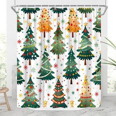 JONSEQIN 메리 크리스마스 샤워 커튼 추상 트리 소박한 소나무 숲 농가 다채로운 전나무 녹색 잎 수채화 새해 겨울 휴일 욕실 장식 177.8x177.8cm70x70인치 후