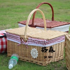 格森藤編野餐籃手提籃大號帶蓋：手工編織購物籃、水果籃、收納籃、雞蛋籃，多功能用途, 無蓋原色字母布,大號長38寬28高18, 1個