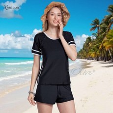 泳之美 經典黑白配色 流行大女二件式短袖/褲裙泳裝, 黑白