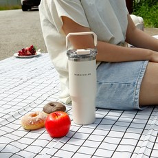 웜쿨러 대용량 핸들 빨대 텀블러(스티커+세척솔세트), 1세트, 900ml, 아이보리