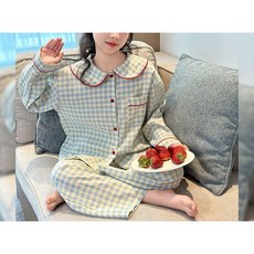 해피유통여아 봄가을 체크 잠옷 홈웨어 세트 넓은 넥과 귀여운 단추 디자인14세 이상 XG03