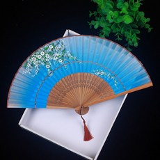 日式小絹扇子折疊扇絲綢舞蹈扇中國風古典古風折扇女流蘇旗袍, 天藍-小碎花, 1個