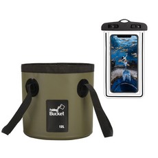 折疊釣魚桶 戶外便攜洗車桶 路亞餌收納箱 釣具箱, 12L墨绿新款圆钓鱼桶+夜光手机袋黑2