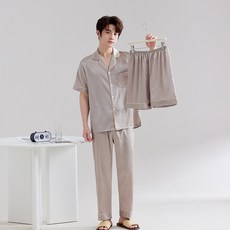 男士絲綢短袖長褲家居服三件套
