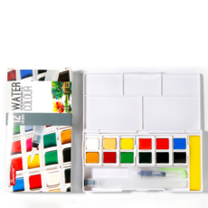 秀普 12色塊狀水彩精裝版 (贈水毛筆) 濃縮色塊 色相準確 固體水彩 方便攜帶, 水彩【12色】固體塊狀水彩-精裝版, 1ml, 1組