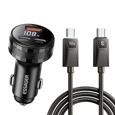 ESSAGER 동시 3대충전 듀얼 C타입+USB A타입 108W 차량용 시거잭 고속 충전기 + C to C 충전케이블 세트, 블랙, 1세트