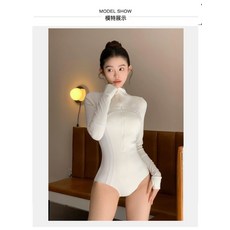 LIULU新款潛水衝浪純色服女士連體三角長袖保守防曬游泳衣修身大碼