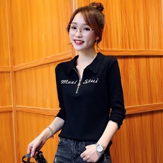 ROYALBELLE 여성 캐주얼 긴팔 반집업 레터링 프린트 베이직 슬림핏 봄 가을 티셔츠 K0011906