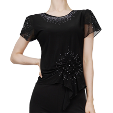 팔색조 댄스복 플라워테일 슬림핏 보석 반팔 티셔츠, 블랙(BLACK)