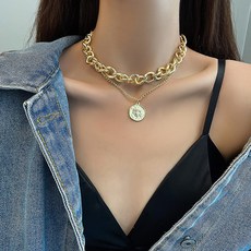 백송 볼드 체인 코인 레이어드 두줄 목걸이 유니크 사슬 체인 여성 우정 패션 주얼리