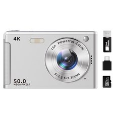4K 5000萬畫素 16倍光學變焦數碼相機, 1個, 銀色64GB記憶體卡讀卡器2個安卓轉接頭