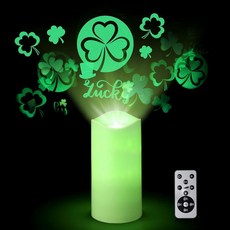 Baquler 성 패트릭의 날 불꽃 없는 프로젝터 캔들 토끼풀 패턴 프로젝터 조명 아일랜드 LED 캔들 배터리 작동 야간 조명 원격 타이머 및 USB 케이블 포함 가정 실내