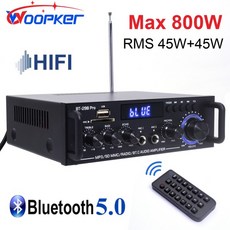 Woopker 전력 증폭기 BT-298 Pro 2.0 채널 스테레오 Bluetooth AMP 홈 시어터 스피커 서브우퍼용 원격 최, EU (220-240V), 1개