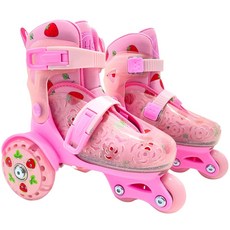 HS兒童溜冰鞋 低重心可調節 伸縮安全輪式 初學者適用 獨家鎖輪設計 閃光圖案 大輪直排輪 雙排輪, 粉色