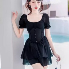【初夏】仙氣游泳衣女連體平角保守顯瘦遮肚性感蕾絲遮肚溫泉泳裝