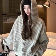 여성 봄 가을 스트라이프 오버사이즈 후드집업