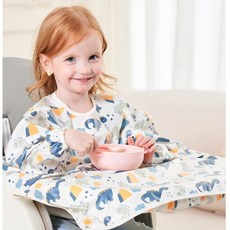 防水罩衣 一體式罩衣 多功能罩衣 寶寶吃飯圍兜 嬰兒吃飯嘴圍, 1個, 藍色長頸龍