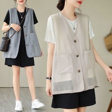 꽃소담 중년여성 루즈핏 얇은 린넨 조끼 베스트 엄마 브이넥 여름조끼 HXY26A916