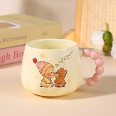 小熊陶瓷杯帶蓋高顏值水杯動物大容量伴手禮女生陶瓷杯辦公室杯子, 1個, 粉色把子小星人單杯:401-500ml