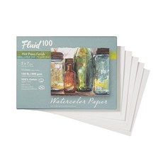 Fluid 100 수채화 종이 12.7 x 17.8cm(5 7인치) 포셰트 12장 63.5kg(140파운드) (300 GSM) 100% 면 핫 프레스 아티스트 페인팅 및