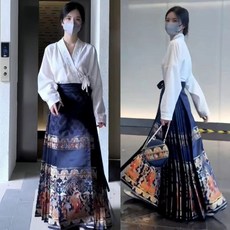 初見 大尺碼新中式改良漢服 國風v領白色襯衫馬面裙兩件套裝