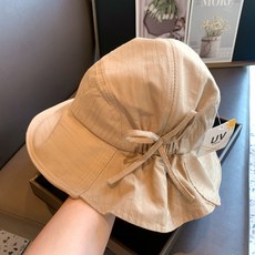 夏季遮陽帽子戶外日系漁夫帽子女系帶蝴蝶結遮臉盆帽折疊遮陽帽女, 卡其