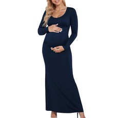 Yousify 여성용 스쿱넥 임산부 맥시 드레스 스플릿 긴소매 슬림핏 스플릿 캐주얼 임산부 의류 베이비 샤워용 네이비 S