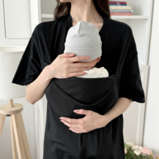 벨라마마 엄마 아빠 메쉬 캥거루포켓티셔츠 등센서 꿀잠템 육아템, 블랙 반팔