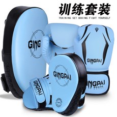 散打搏擊拳套組閤套裝 男女成人兒童手靶腳靶訓練器材拳擊手套加厚, 拳套+手靶兩隻+腳靶一隻（清新綠）,10oz, 1個