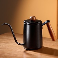 台灣發貨 咖啡手衝壺日式滴濾壺木把304不鏽鋼細嘴咖啡壺咖啡器具帶刻度, 600ML胡桃木把手黑色帶刻度, 1個
