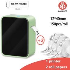 life 미니 블루투스 열전사 라벨 프린터 P15 잉크 없음 자체 접착 스티커 사무실 주방, gr n 2rolls