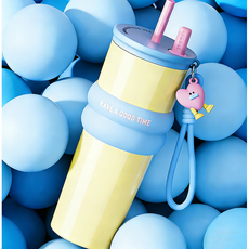 Richmagic 세라믹 텀블러 보온보냉 커피컵 차량용 빨대 키링 대용량 710ml, 1개, 옐로우