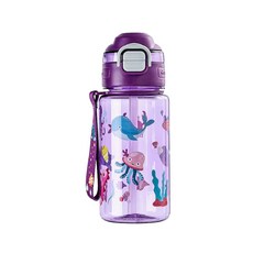兒童海底世界吸管水壺 輕巧安全防漏設計 方便攜帶, 紫海洋鯨魚, 1個, 600ml