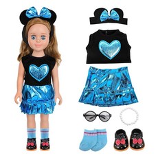 MSYO 미키 테마 코스프레 키트 45.7cm(18인치) 소녀 인형 미국 인형용 인형 액세서리 블루 헤어밴드 인형 드레스 진주 목걸이 신발 양말 및 안경 포함 총, MSYO 미키 테마 코스프레 키트, 45.7cm(18인