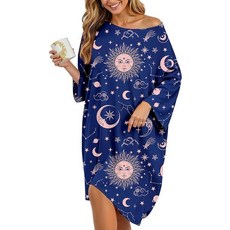 HONGTEYA 플러스 사이즈 여성용 나이트가운 오버사이즈 수면 티셔츠 드레스 반소매 잠옷 포켓 핏 S-5XL Black Star, 블루