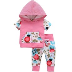 嬰幼兒韓版春夏短袖連帽套裝 粉紅花朵圖案