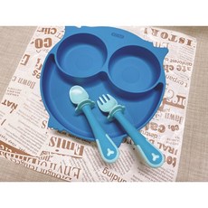 《茉莉餐具》 防滑餐盤 矽膠餐盤 兒童餐盤 餐盤 防滑 通過FDA標準, 貓頭鷹藍+叉匙藍, 1個