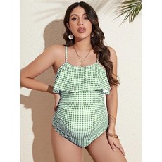 임산부 만삭 원피스 수영복 러블리 프릴 그린 체크