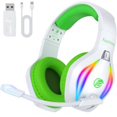 Fachixy 게이밍 헤드셋 FC100 가상 7.1채널 3D 사운드 저지연 2.4GHz 무선 노이즈 캔슬링 마이크 PC PS5 겸용, 화이트그린, 프로