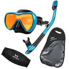 위베런 재규어 스노클링 마스크 + 에어릭 PRO 스노클 + 머리 엉킴 방지 스트랩 커버 + 세트 가방, UV 펄블루 세트