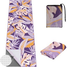 Jooeer 요가 타월 코너 포켓이 있는 핫 매트 177.8 x 66cm(70 26인치) 미끄럼 방지 땀 흡수 부드러운 극세사 담요 필라테스 피트니스 및 운동용 블루 21473, 퍼플 리프