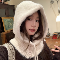 스멜모리 몽글몽글 버튼 스트링 니트 바라클라바 후드 넥워머, 크림, 1개