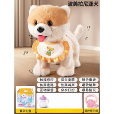 兒童電動仿真毛絨玩具 狗狗走路 學說話 電子寵物 玩偶 聖誕節交換禮物, 1個, 博美犬遙控+感應+多功能禮盒